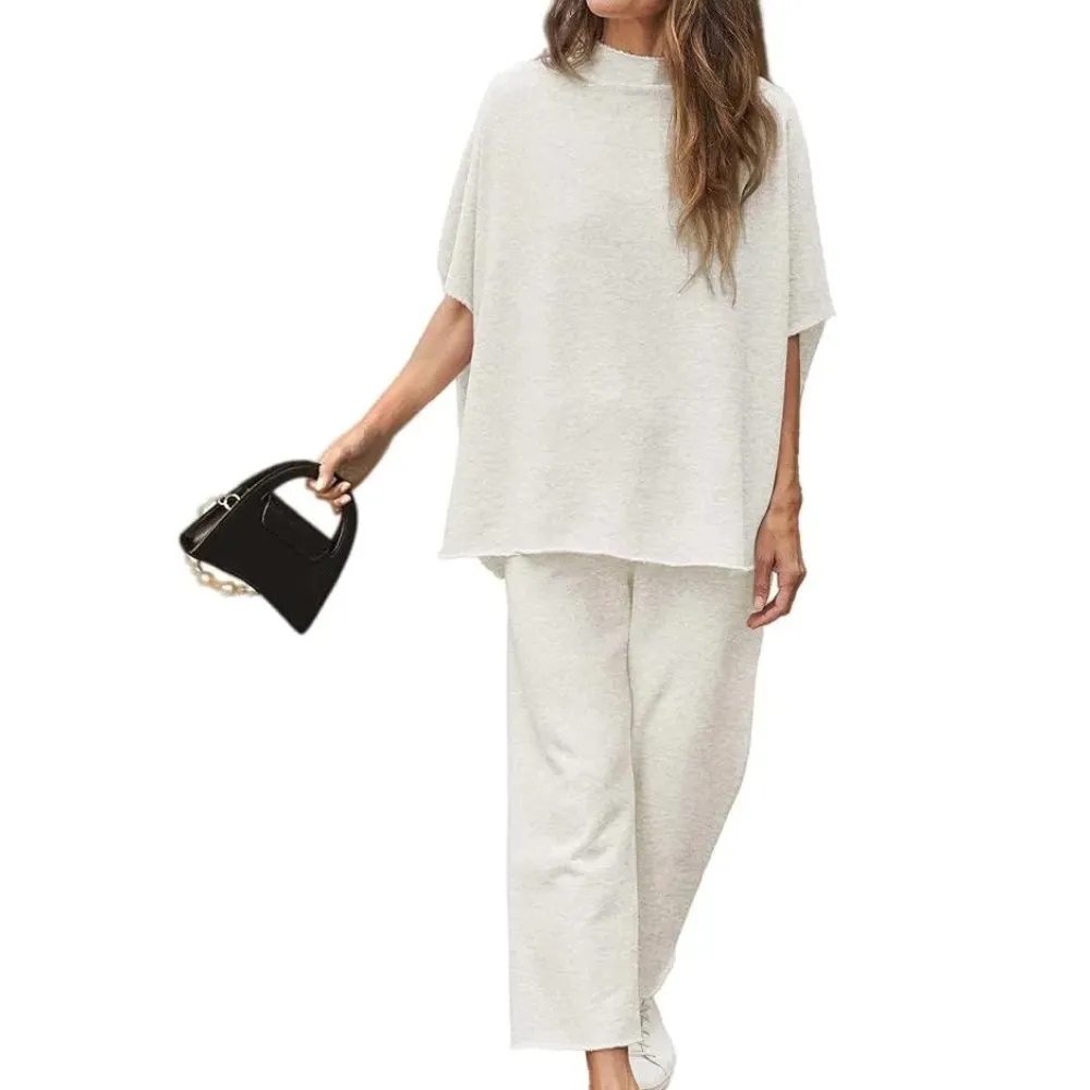 Batwing Sleeve And Wide Length Trousers Set