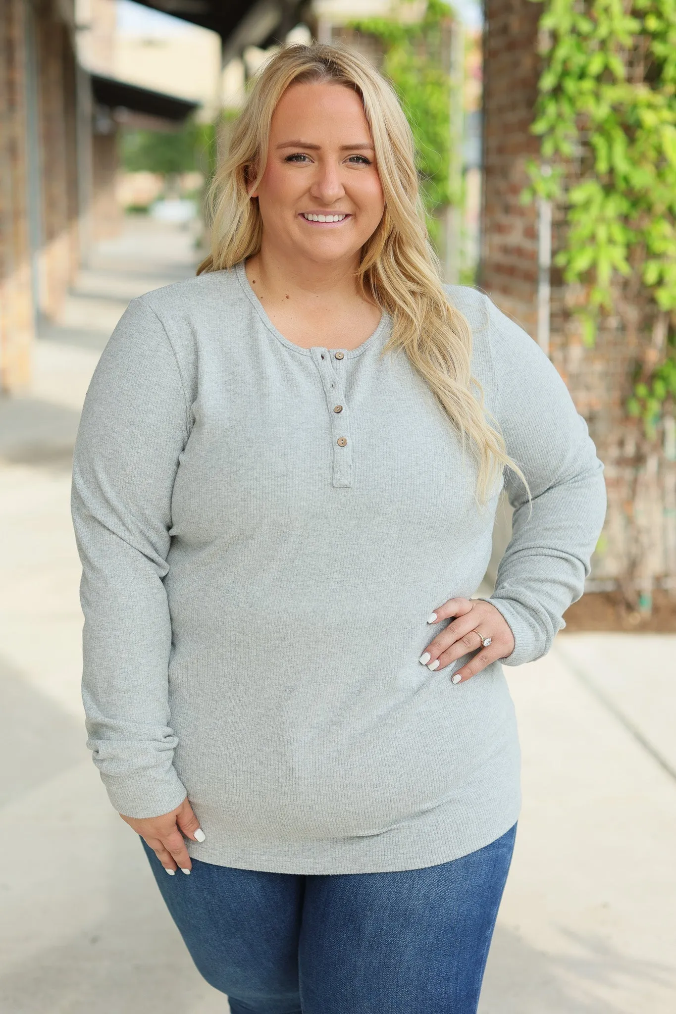 Brielle Henley Ribbed Long Sleeve - Light Grey