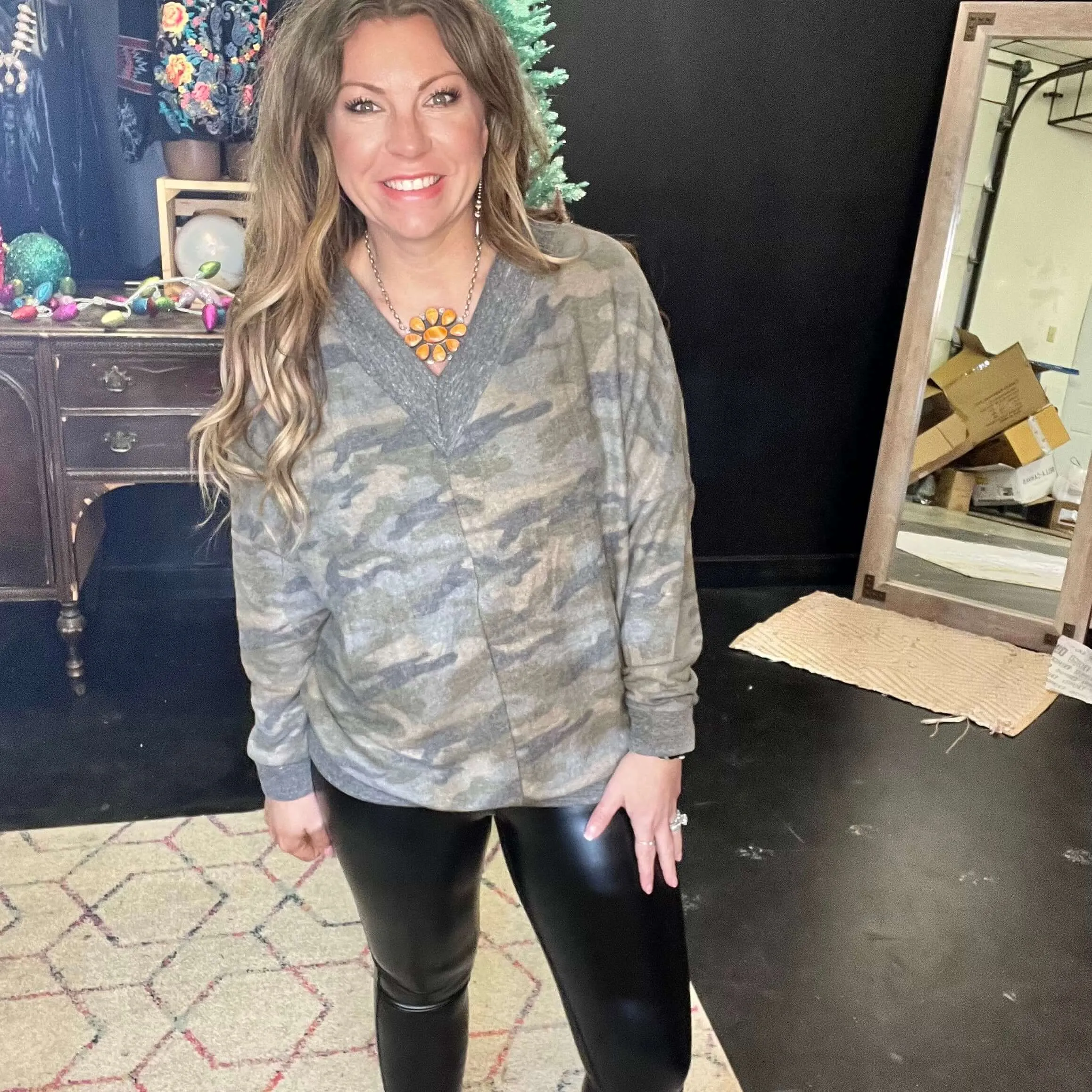 Camo Soft V Neck Top