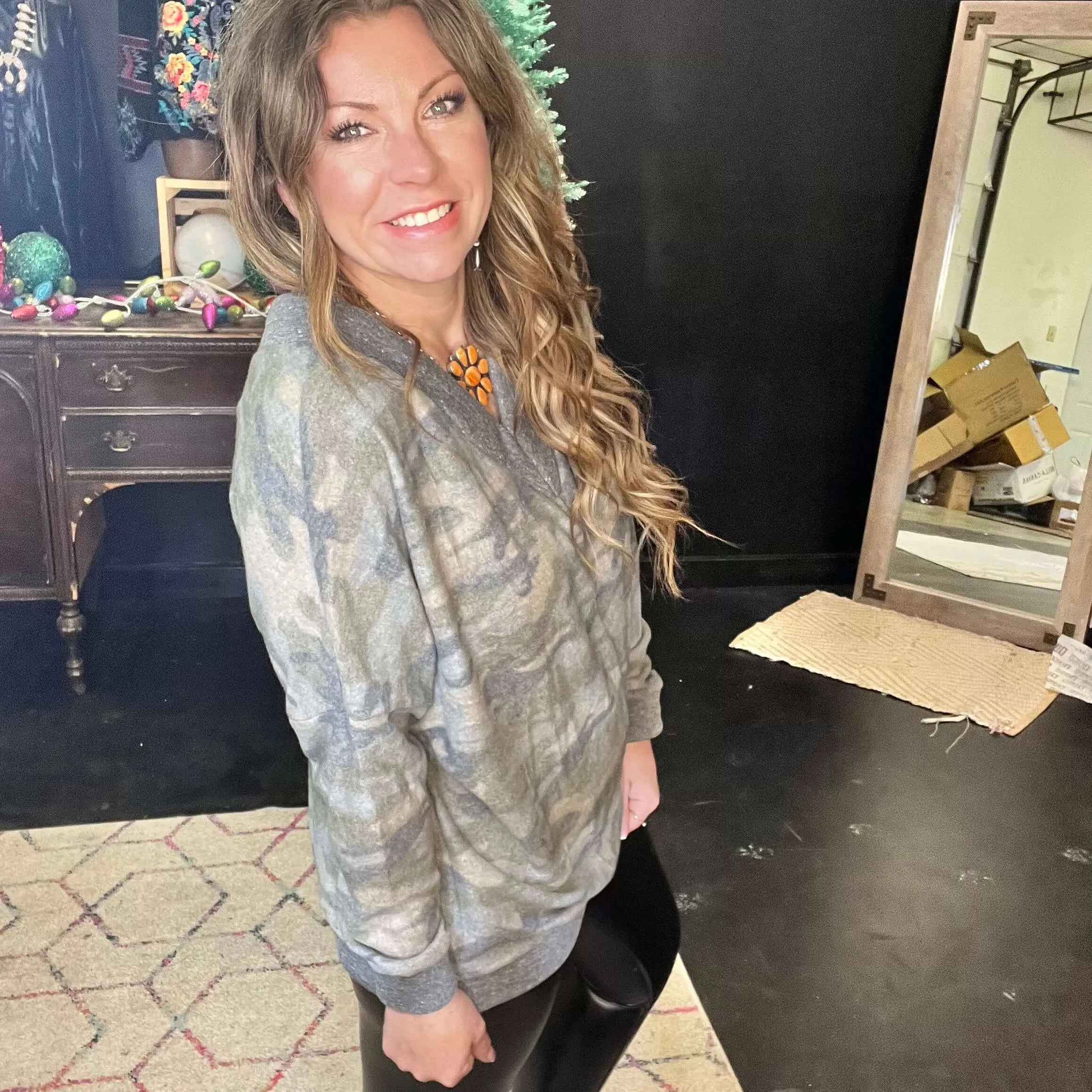 Camo Soft V Neck Top