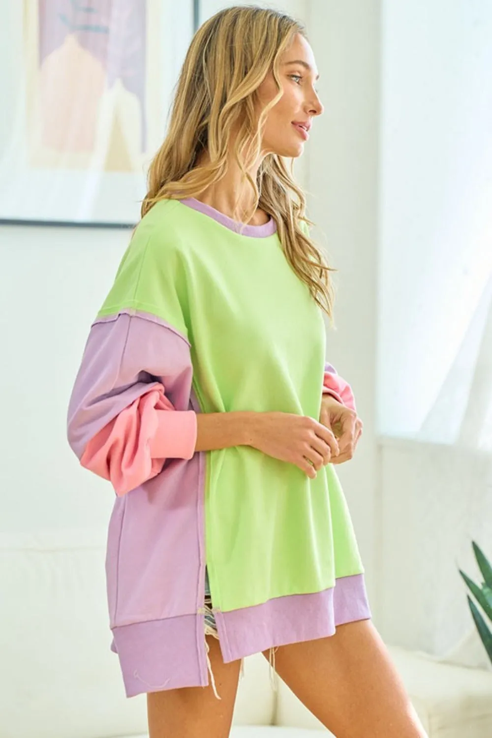 Color Block Long Sleeve Slit Sweatshirt