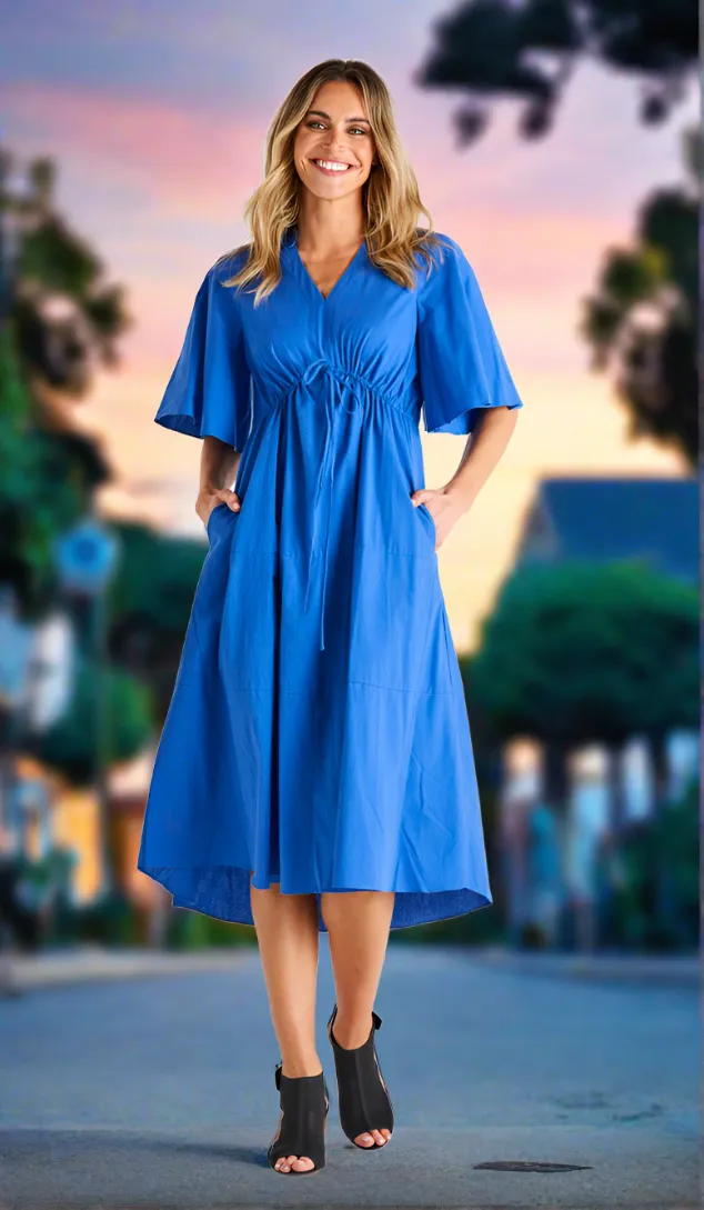 Cora Tie Front Dress With 3/4 Sleeve - Iris Blue