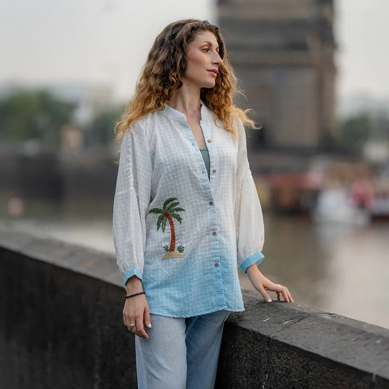 Cotton Ombre Shirt for Women | White & Blue | Hand Embroidered