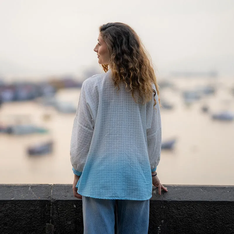 Cotton Ombre Shirt for Women | White & Blue | Hand Embroidered