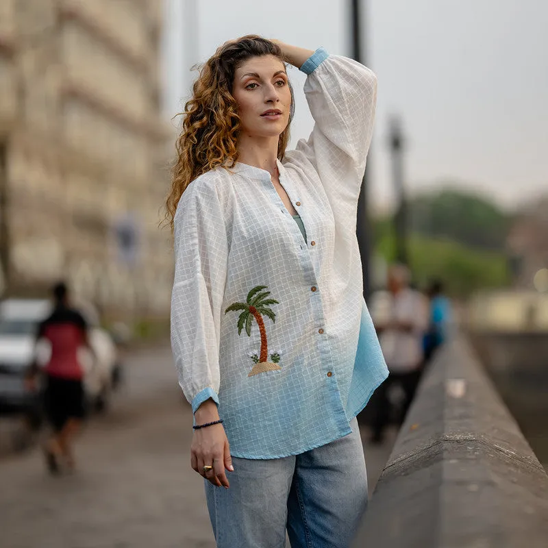 Cotton Ombre Shirt for Women | White & Blue | Hand Embroidered