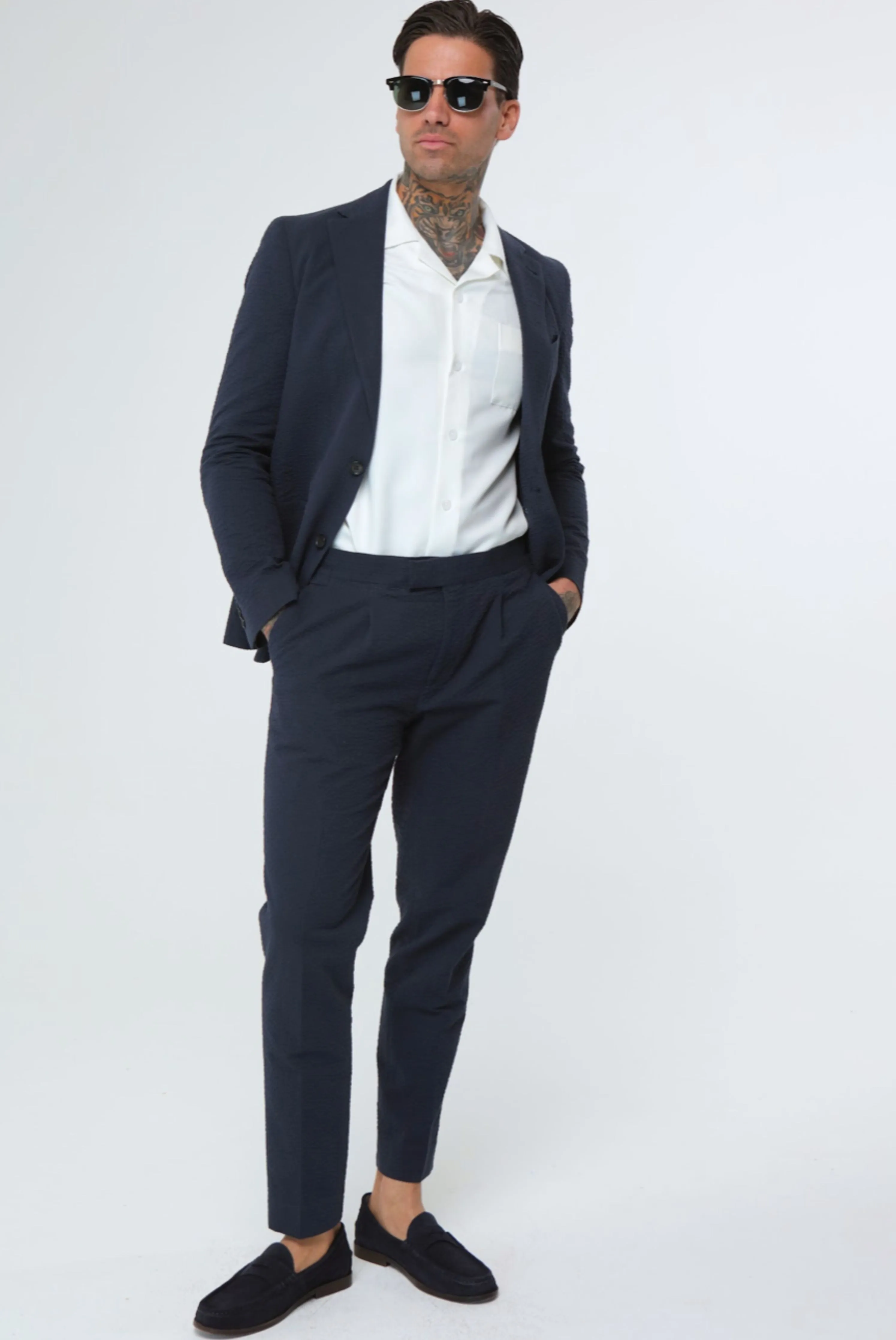 DEAKIN Cotton Linen Seersucker Trouser Navy Blue