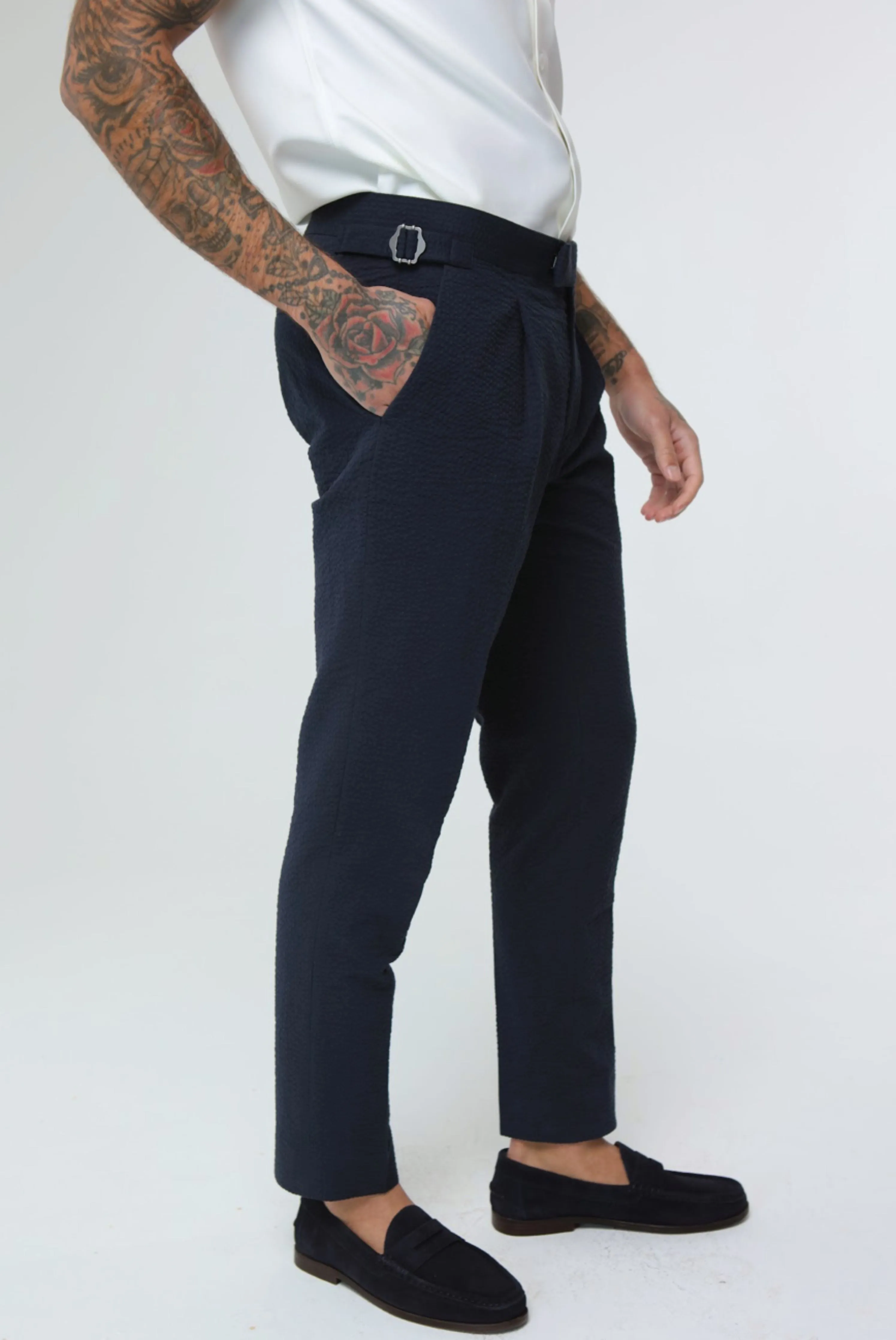 DEAKIN Cotton Linen Seersucker Trouser Navy Blue