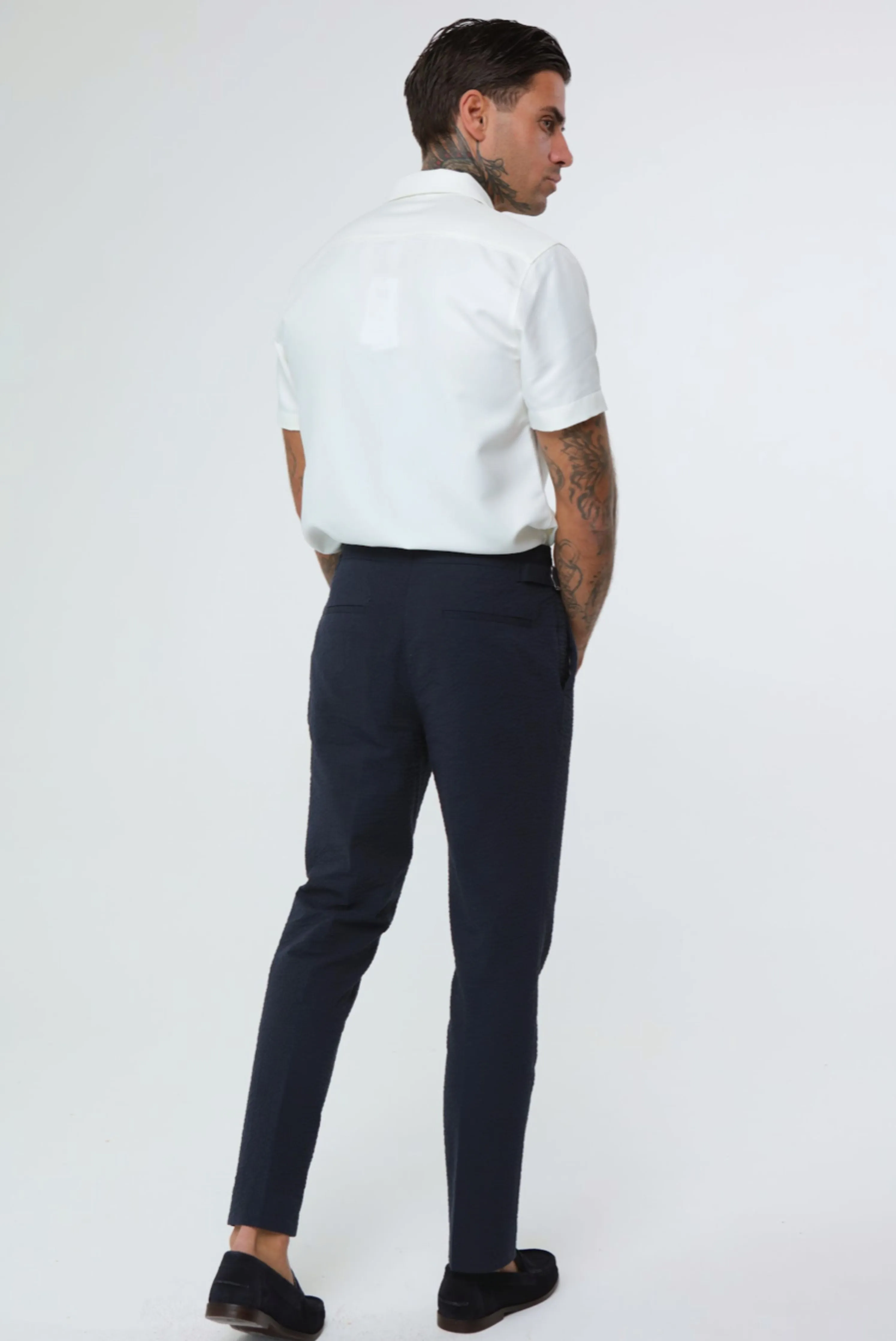 DEAKIN Cotton Linen Seersucker Trouser Navy Blue