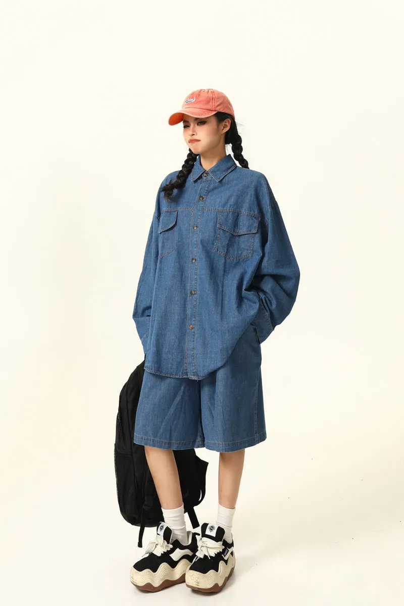 Denim Suit Casual Long Sleeve Shirt and Shorts