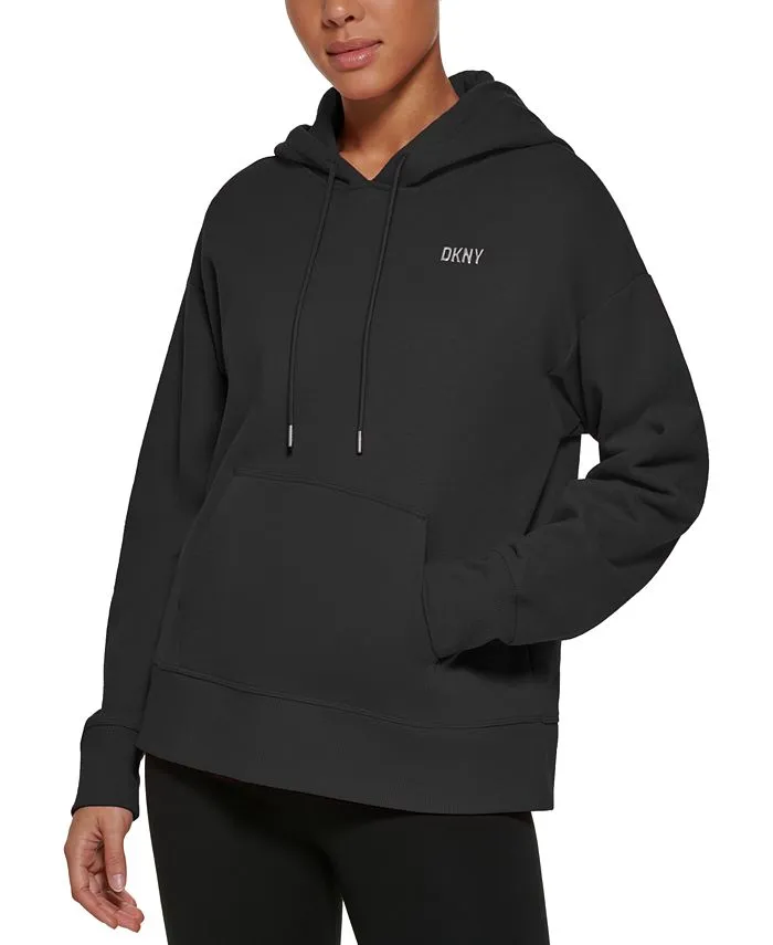 DKNY Women's Fleece Hoodie with Metallic Logo, Black