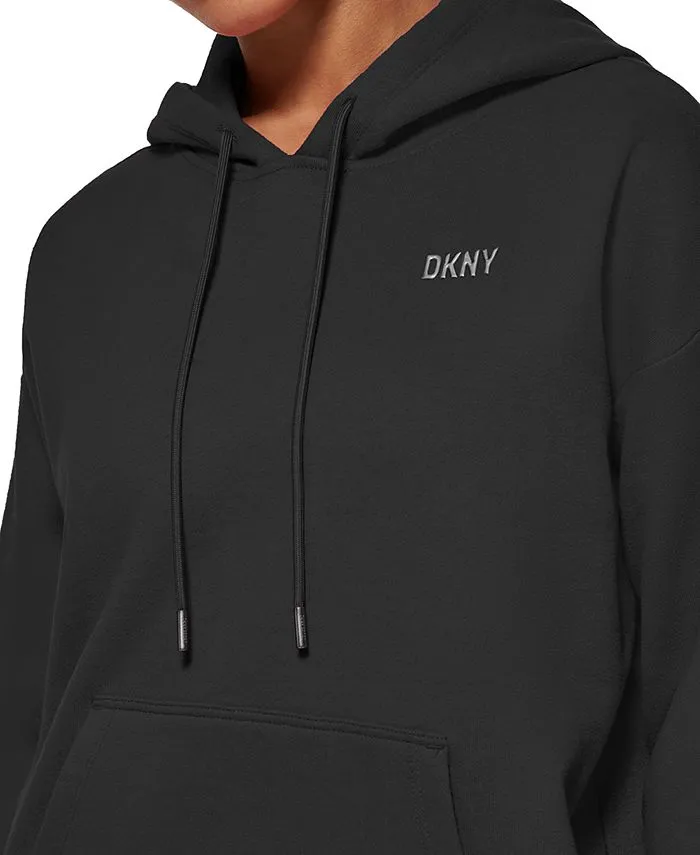 DKNY Women's Fleece Hoodie with Metallic Logo, Black