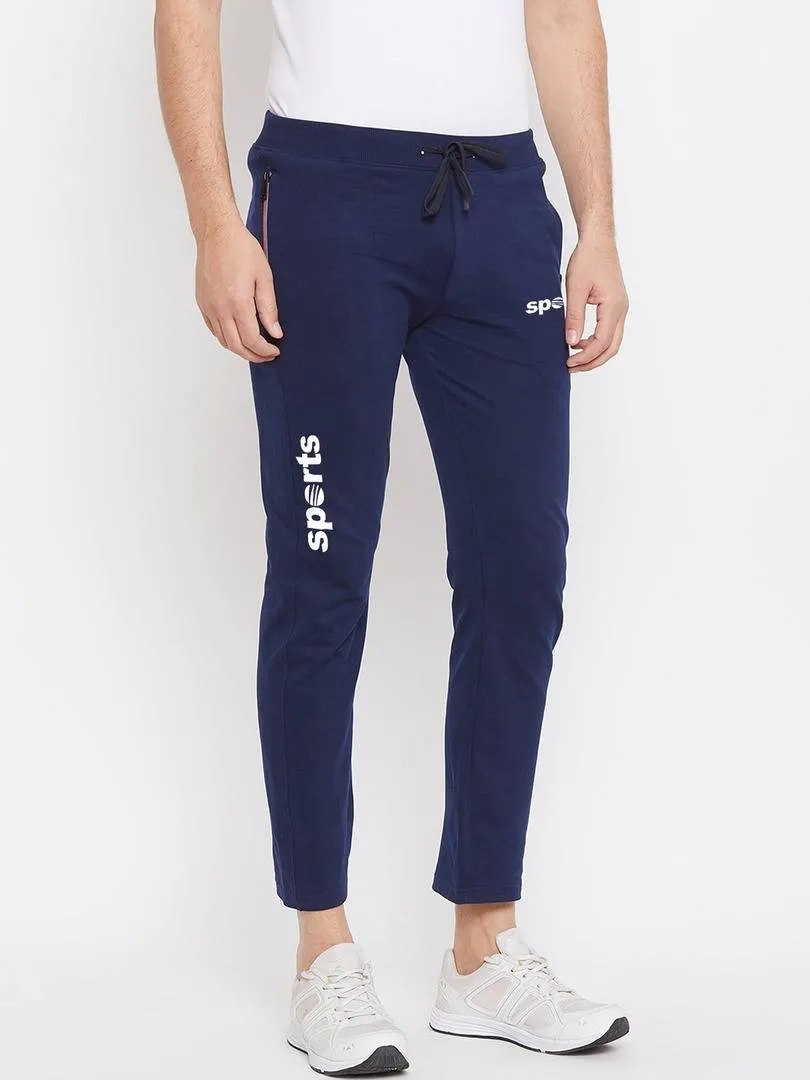 Elegant Navy Blue Polyester Spandex Printed Regular Fit Sports Track Pant For Men