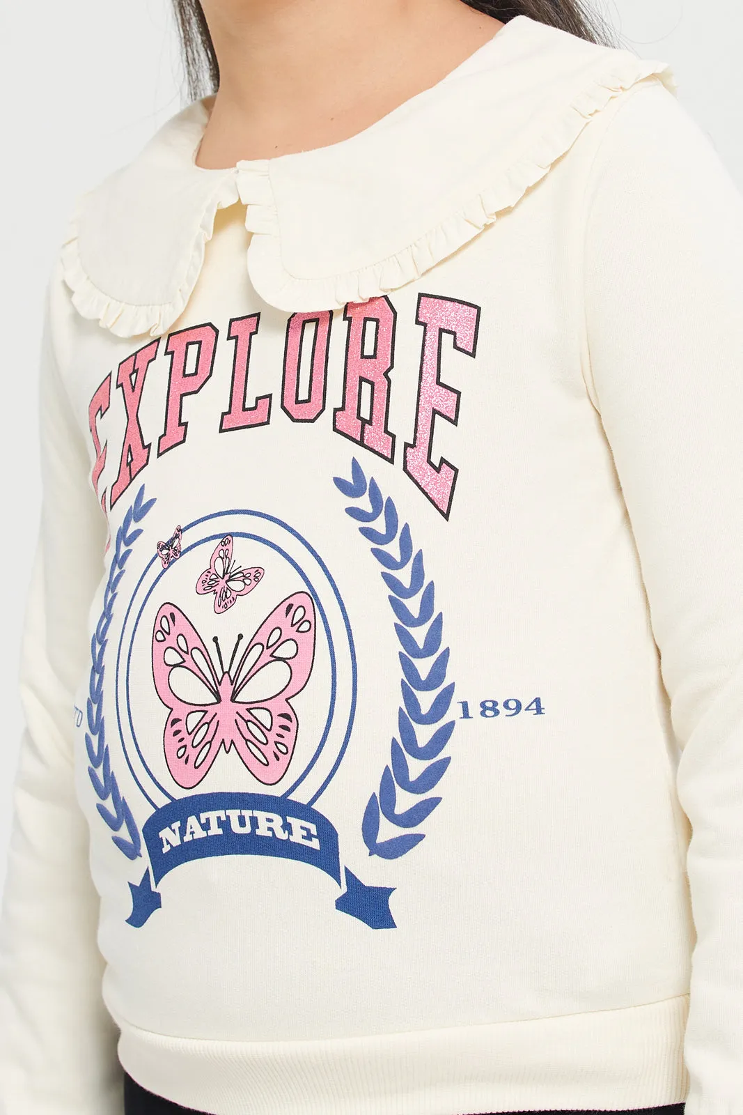 Girls Cream Collared Chest Print Sweatshirt