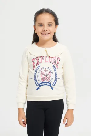 Girls Cream Collared Chest Print Sweatshirt