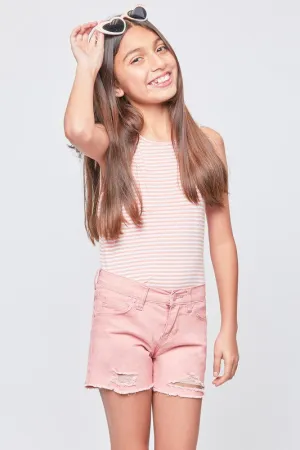 Girls Mid-Rise Twill Shorts With Fray Hem