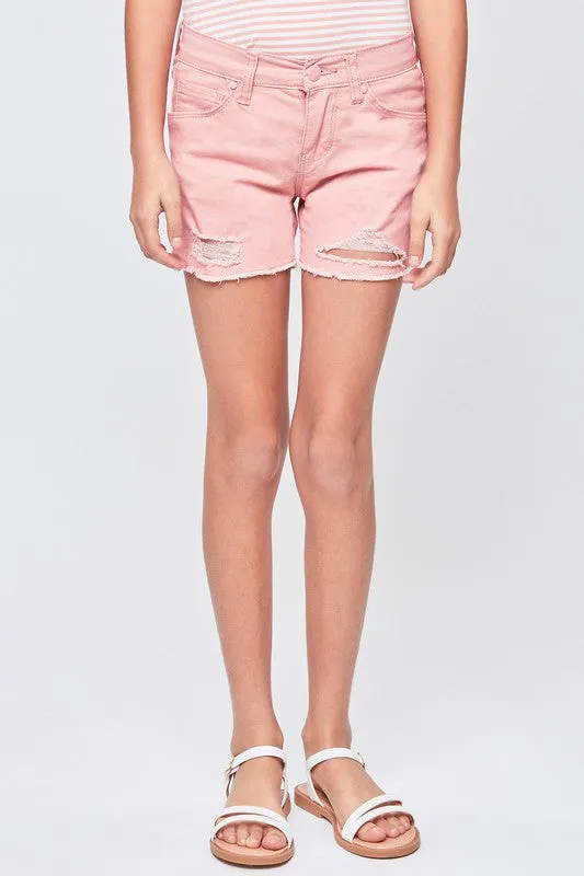 Girls Mid-Rise Twill Shorts With Fray Hem