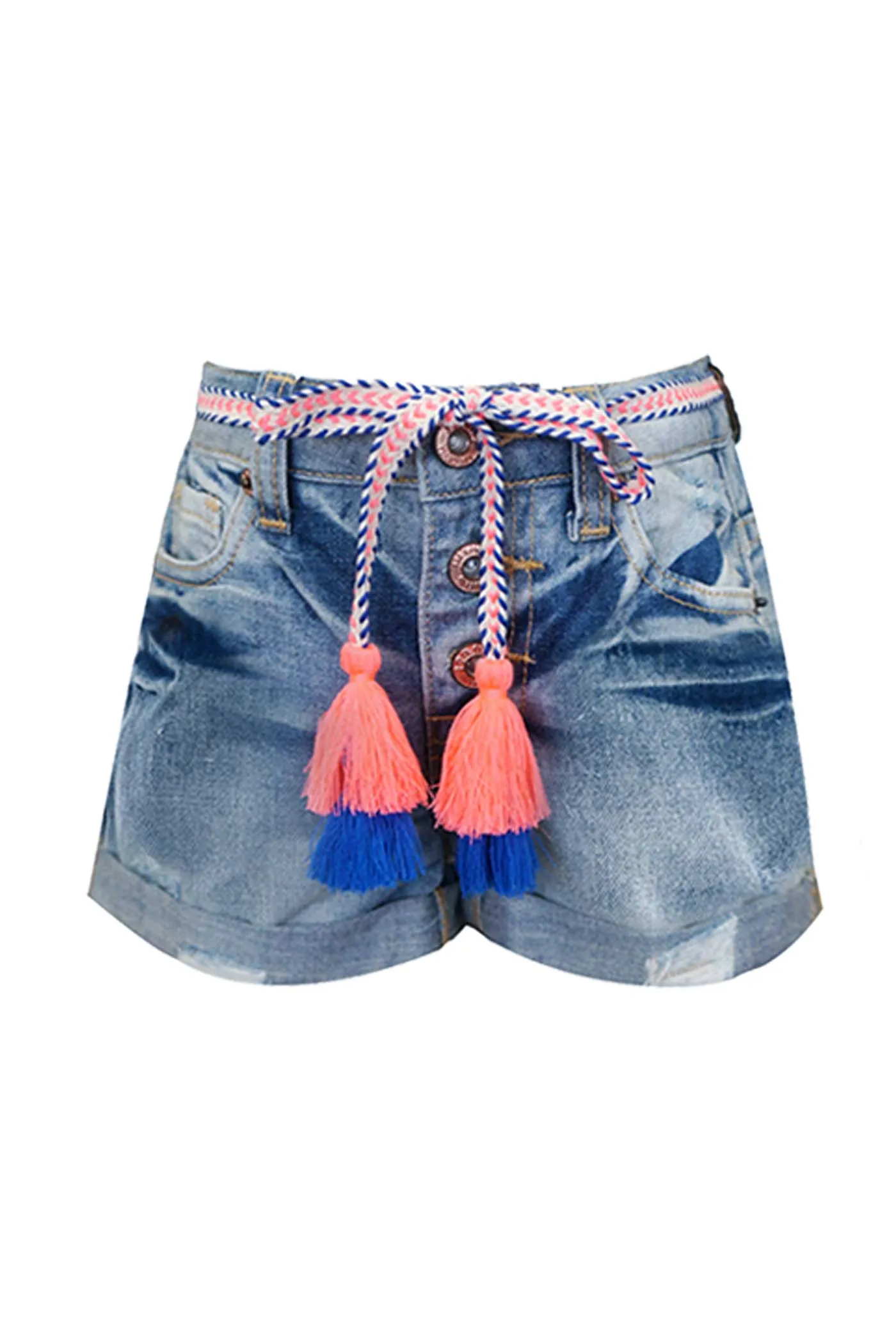 Girls Tassel Belt Washed Denim Shorts