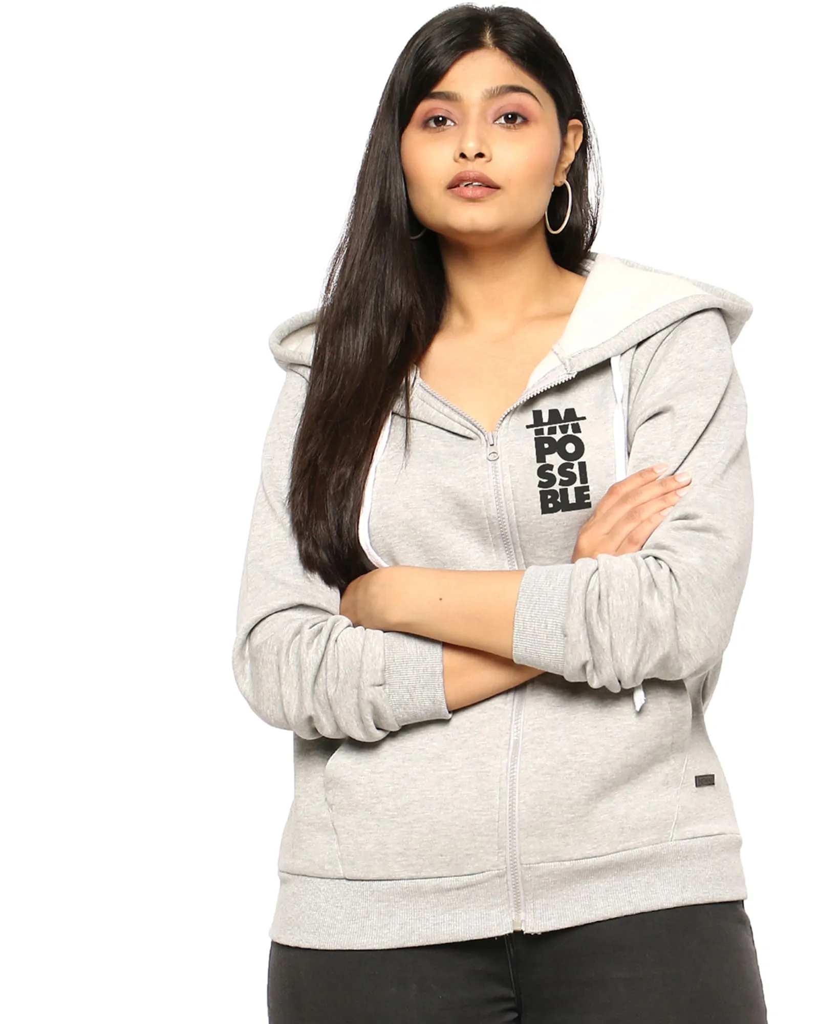 Grey Printed Front Zipper Sweatshirt | Light Grey