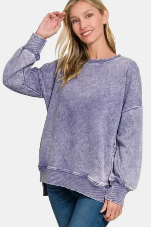 High-Low Acid Wash Fleece Sweatshirt