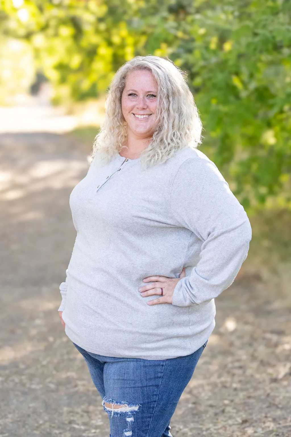 IN STOCK Brielle Henley Ribbed Long Sleeve - Light Grey