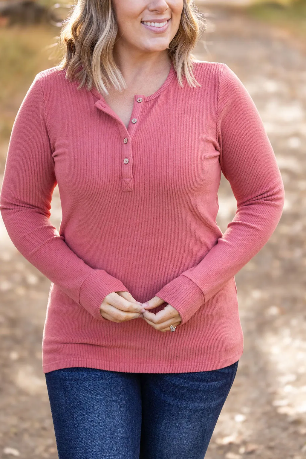 IN STOCK Brielle Henley Ribbed Long Sleeve - Terra Cotta