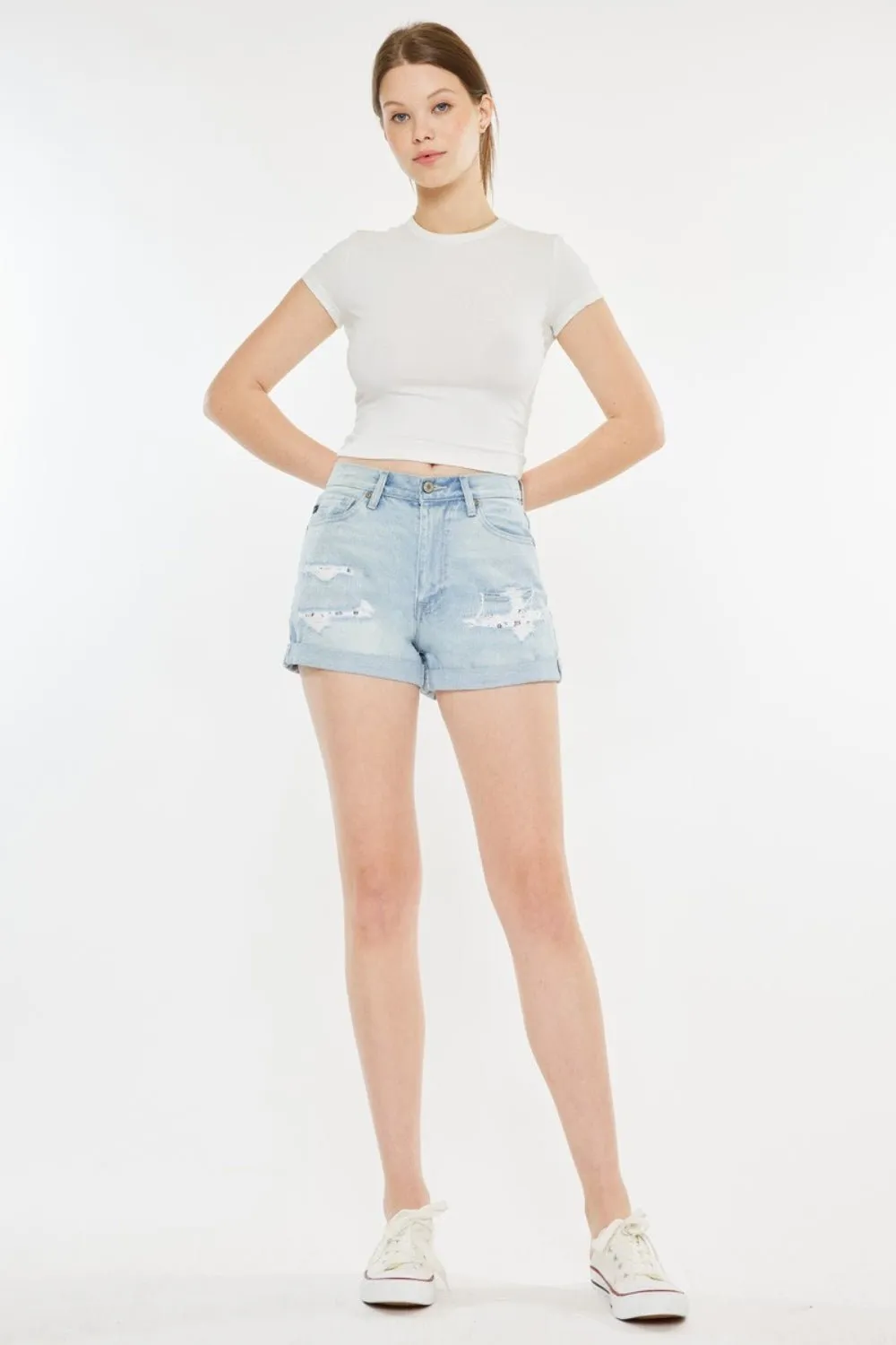 Kancan High Rise Repaired Mom Denim Shorts