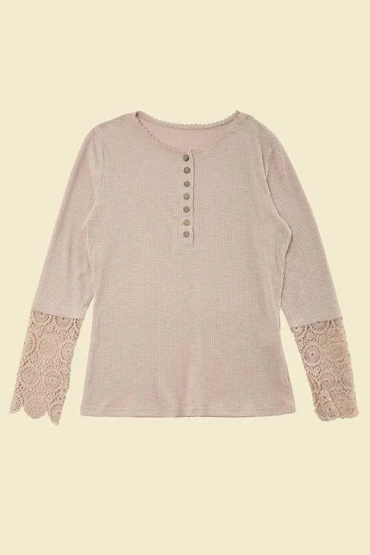 Lace Trim Sleeve Henley Top