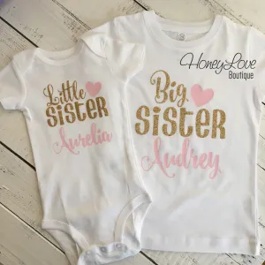 PERSONALIZED Sister Bodysuits and Shirts - Light Pink and Gold Glitter