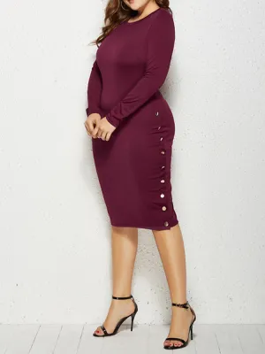 Plus Size Round Neck Side Leg Buttoned Dress (Wine Red)