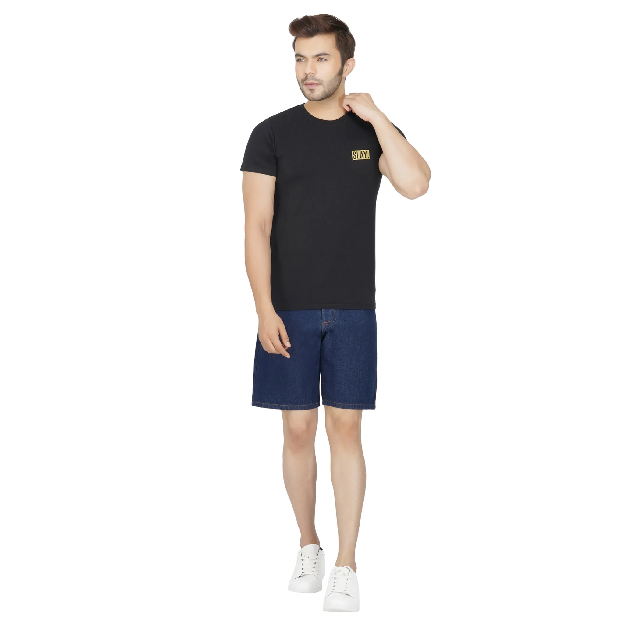 SLAY. Men's Washed Navy Blue Button-Down Denim Shorts