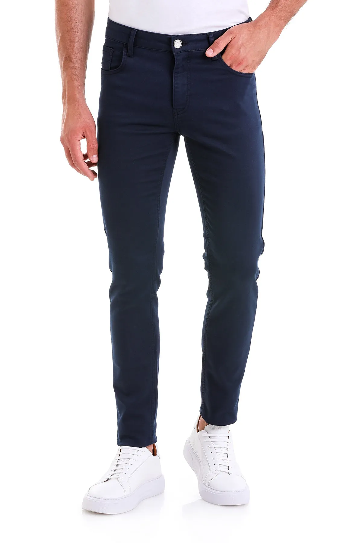 Slim Fit Low Waist Navy Cotton Casual Pants